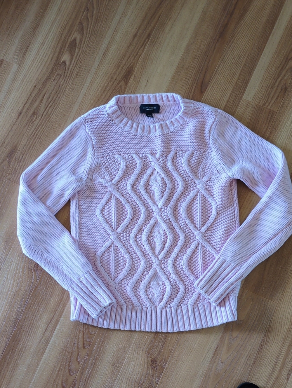 Lands' End Pink Cable Knit Crewneck Sweater